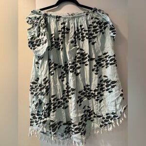Ava Sky Black Fish Print Blouse on Light Blue